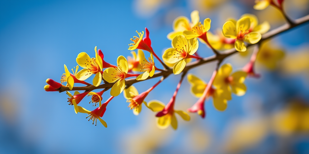 Close-up of a branch with bright yellow flowers against a clear blue sky, DSLR camera, f/2.8 aperture, 1/500 sec shutter speed, ISO 100, natural sunlight, macro lens, shallow depth of field.