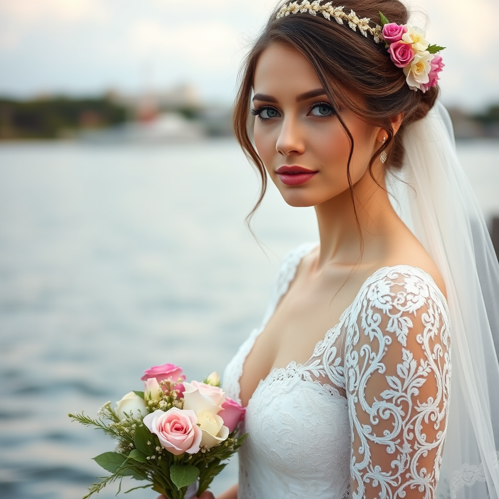 water front scene, bridal model, delicate lace gown, floral headpiece, soft romantic focus, high-key lighting and an 85mm lens for soft, even tones that highlight the model’s face and bright outfit against a white or light background