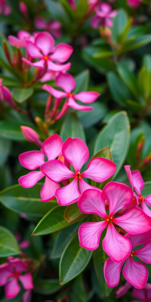 Close-up shot of vibrant pink oleander flowers with green leaves in a natural setting, aperture f/2.8, shutter speed 1/250s, ISO 200, macro lens, DSLR camera, natural light.