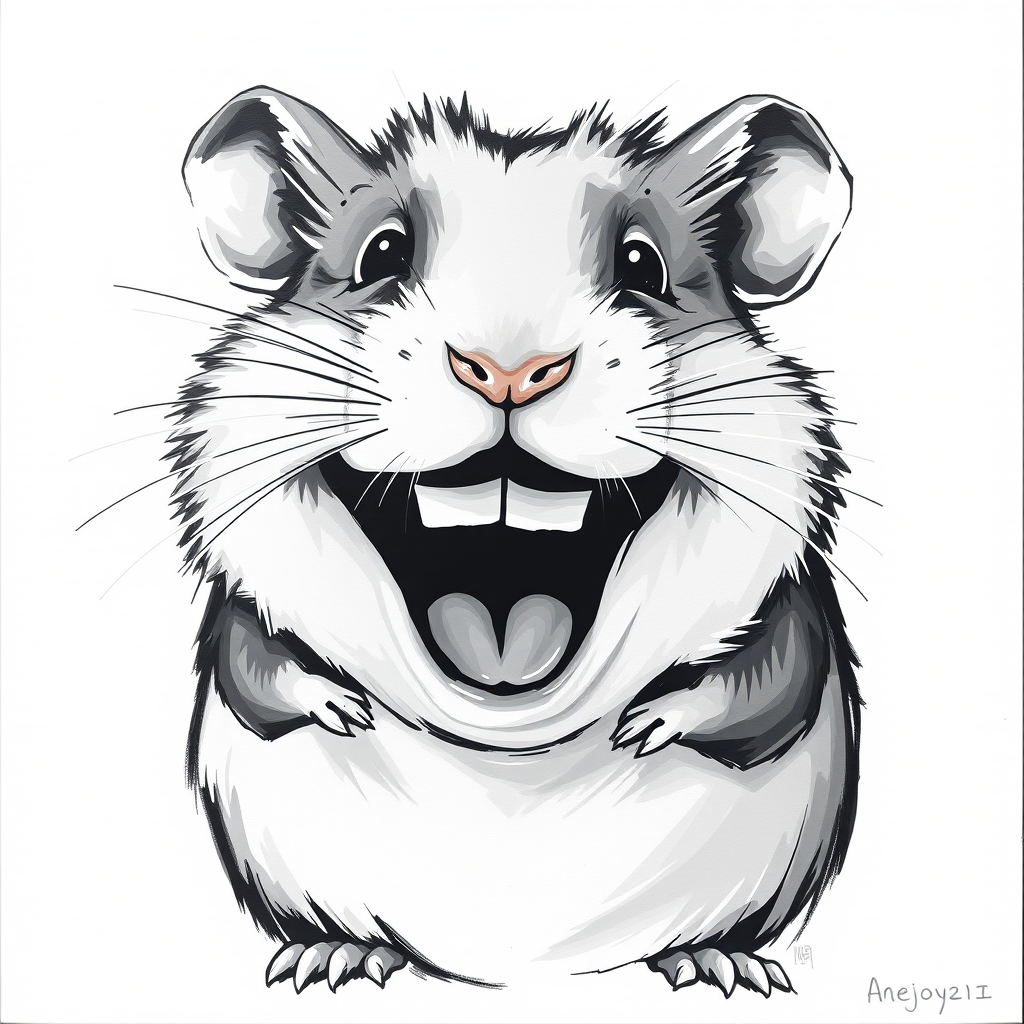 Abstract black and white acrylic portrait of an over exaggerated laughing (hamster). Minimalism style. White background.