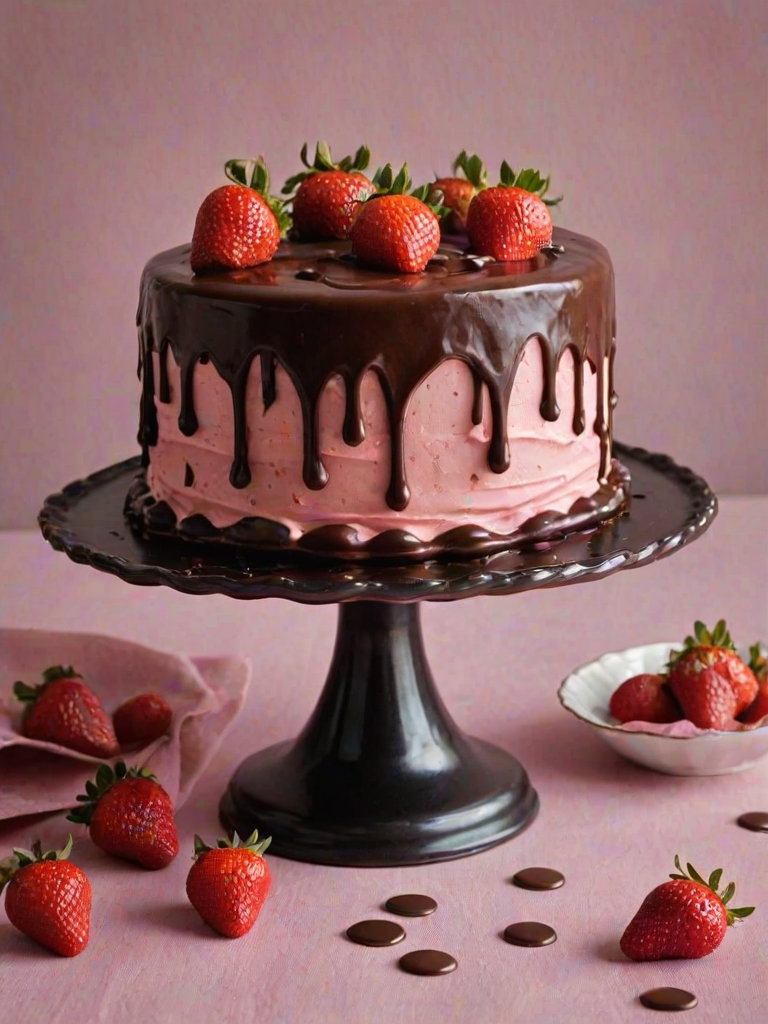 Create an image of a two-layered cake. The bottom layer should be a smooth pink frosting, while the top layer should feature rich chocolate frosting with chocolate ganache drips. Adorn the top with several fresh strawberries dipped in dark chocolate and a few dollops of pink frosting. The cake should be displayed on a decorative cake stand.