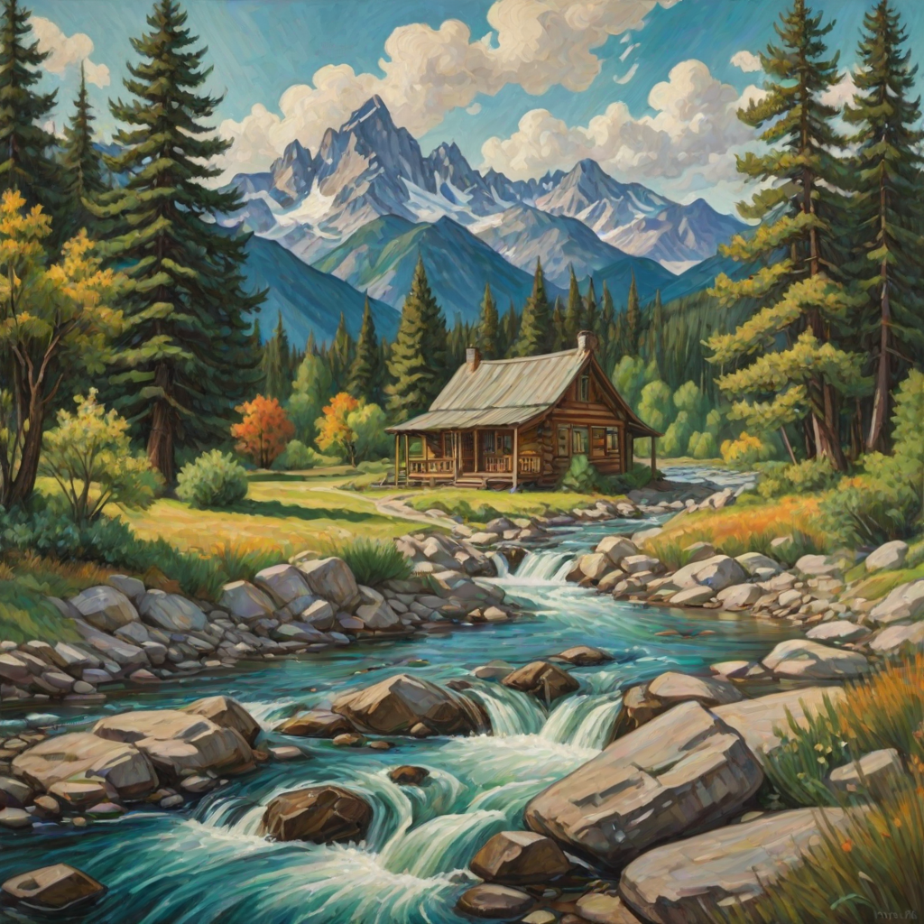 This Van Gogh-inspired painting depicts a peaceful scene of a small cabin located near a flowing river. The scene is surrounded by lush vegetation, including tall trees and rocky terrain. In the background, majestic mountains rise under a sky filled with rolling clouds. The river gently cascades over the rocks, adding a sense of movement and tranquility to the scene. The use of vibrant colors and detailed brushstrokes create a sense of depth and harmony in the natural setting.
