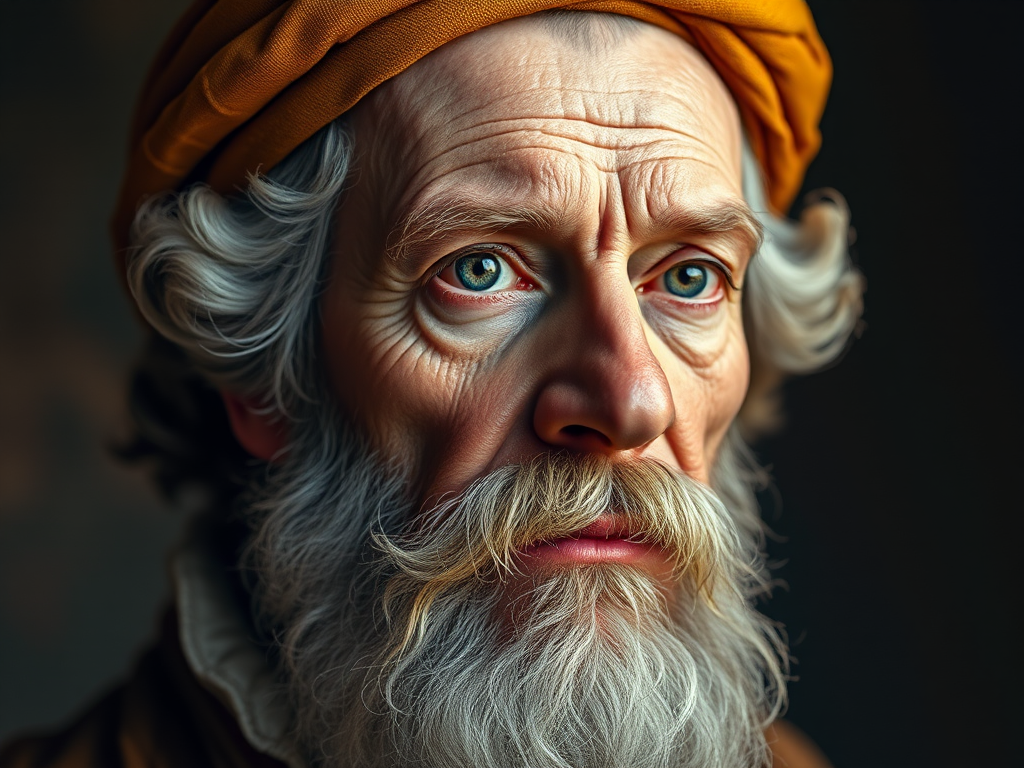 Create a portrait of a historical figure with realistic textures and vibrant colors, using a Canon EOS R5, 50mm lens, f/1.8 aperture, ISO 100, with soft lighting and a gradient background for depth.