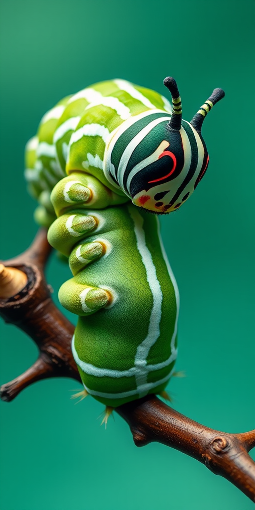 Create a high-resolution illustration of a green and white striped caterpillar on a branch, using a macro lens, 100mm focal length, aperture set to f/2.8, with soft diffused lighting and a focus depth that highlights the intricate details of the caterpillar, capturing vibrant colors and fine textures for enhanced image quality.