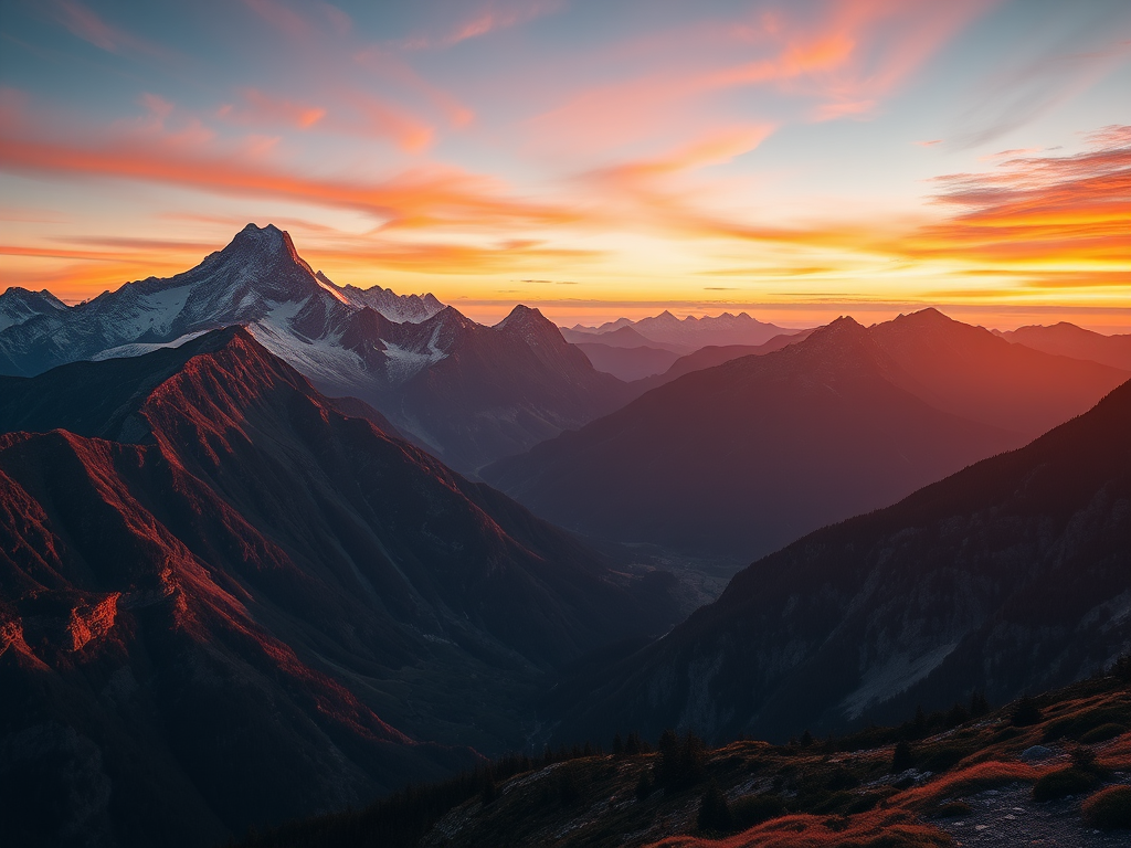 Create a high-resolution digital artwork of a serene mountain landscape at sunset with vibrant colors, using a DSLR camera, 35mm lens, f/8 aperture, ISO 100, and a wide-angle view.