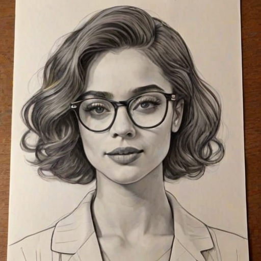 Comely Danielle Peazer, pencil sketch, portrait of Stunning woman 1922s in glasses, hair style beatnik, outline, clear lines, fine lines, 8k