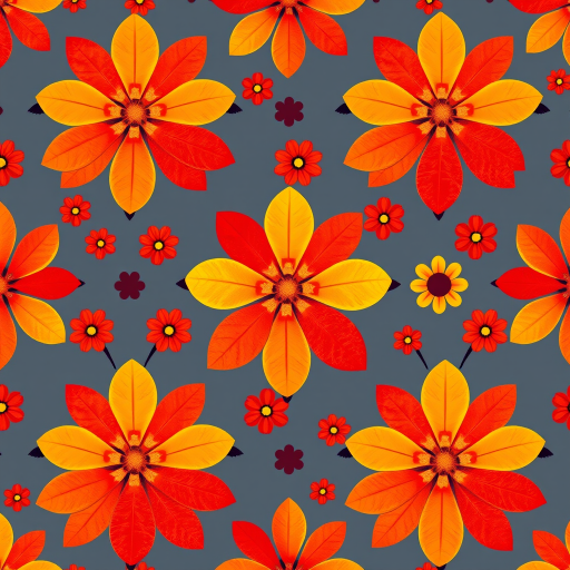 Create a seamless pattern of stylized flower shapes in vibrant shades of red, yellow, and orange, shot with a DSLR camera at f/8, ISO 100, 50mm lens, top-down view, in bright natural light for enhanced color saturation and sharpness.