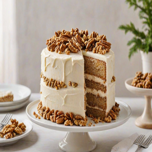 Create an image of a three-layer cake on a white cake stand. The cake should have a smooth cream cheese frosting and be topped with chopped walnuts. The background should be simple and light to emphasize the cake.