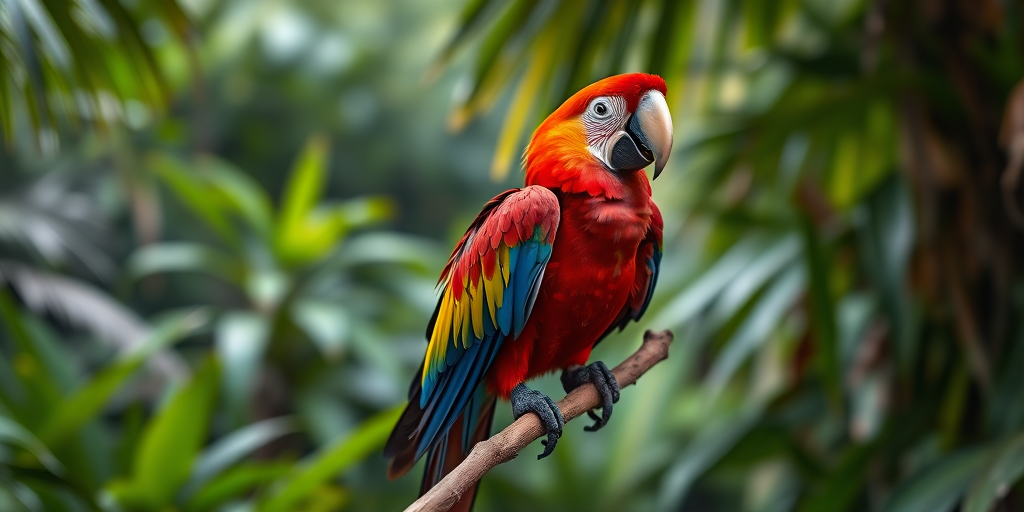 A vibrant scarlet macaw perched on a branch in a lush tropical rainforest, captured with a Canon EOS R5, 85mm f/1.4 lens, aperture f/2.8, ISO 200, natural lighting, shallow depth of field for enhanced background blur.