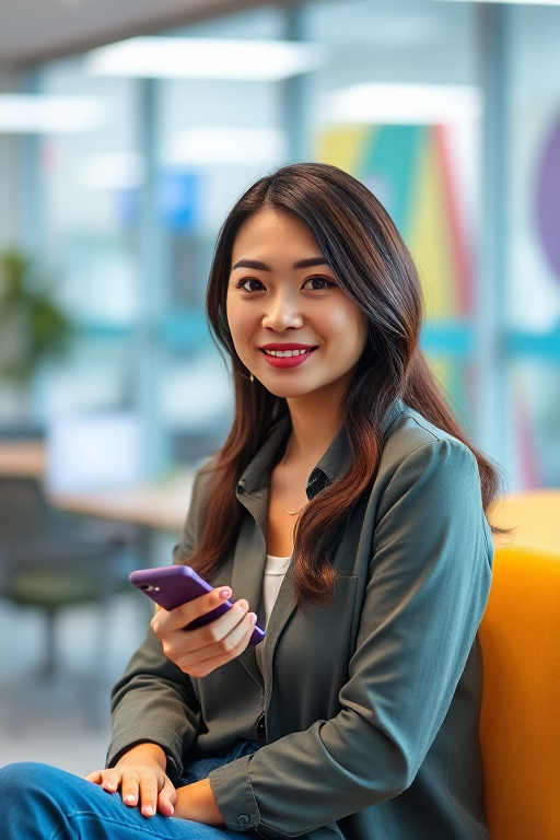 portrait of a woman sitting in a colorful office environment with a phone in her hand, soft focus bokeh background, ISO 200, f/2.8, 50mm lens, natural light, Canon EOS R5