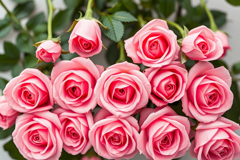 Generate a high-quality illustration of a grid of nine pink roses, using a Canon EOS R5 with a 50mm f/1.2 lens, aperture set at f/2.8, ISO 100, and soft lighting to enhance color vibrancy and detail, featuring an overhead view.