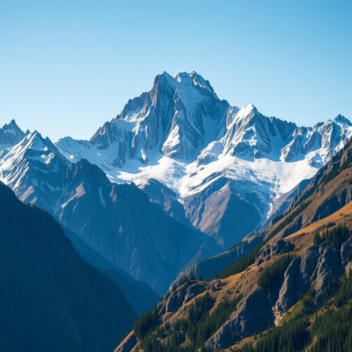 Create a highly detailed mountain landscape illustration with sharp lines and contrasting shades, photographed using a DSLR camera, aperture f/8, ISO 100, 24mm focal length, in landscape orientation for maximum clarity and depth.