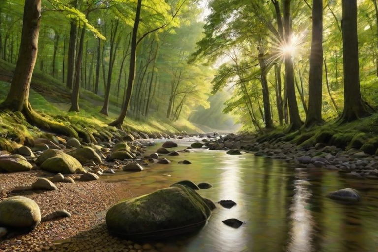 Create an image of a serene, sunlit forest scene with a clear, gently flowing river. Tall trees with lush green foliage line both sides of the river, their leaves bathed in the warm golden light of the setting or rising sun. The sunlight filters through the trees, casting soft, dappled light on the river, which flows over smooth rocks and pebbles, creating a peaceful, natural atmosphere. The sky is bright with a few scattered clouds, and the overall mood is tranquil, evoking a deep sense of connection with nature. The image captures the beauty of a calm, pristine forest landscape at either dawn or dusk.