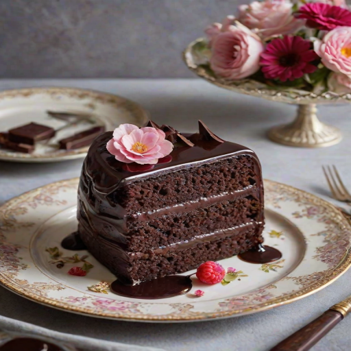 Create an elegant dessert scene featuring a rich chocolate cake with a glossy dark chocolate glaze. The cake should be adorned with fresh raspberries, delicate edible flowers, and a sprinkle of white currants. A slice should be served on a vintage plate with intricate designs, showcasing the smooth layers of chocolate. The background should be softly lit to enhance the luxurious feel of the dessert.