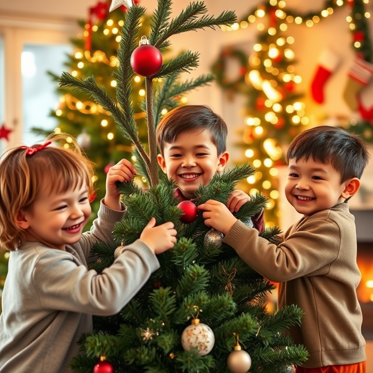 Generate an image of three children decorating a Christmas tree. They are smiling and placing ornaments on the tree. The setting is cozy and festive, with warm lighting and holiday decorations in the background. The children should have diverse appearances and be engaged in the activity, creating a joyful atmosphere.