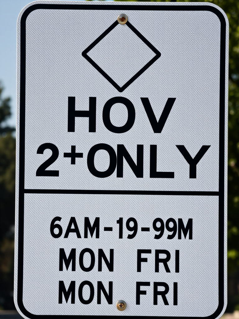 Create a high-resolution image of a traffic sign that reads "HOV 2+ ONLY 6AM-9AM MON-FRI" with a diamond shape at the top, captured with a DSLR camera at f/8, ISO 100, 1/200 sec shutter speed, from a straight-on view in natural lighting for clarity and detail.