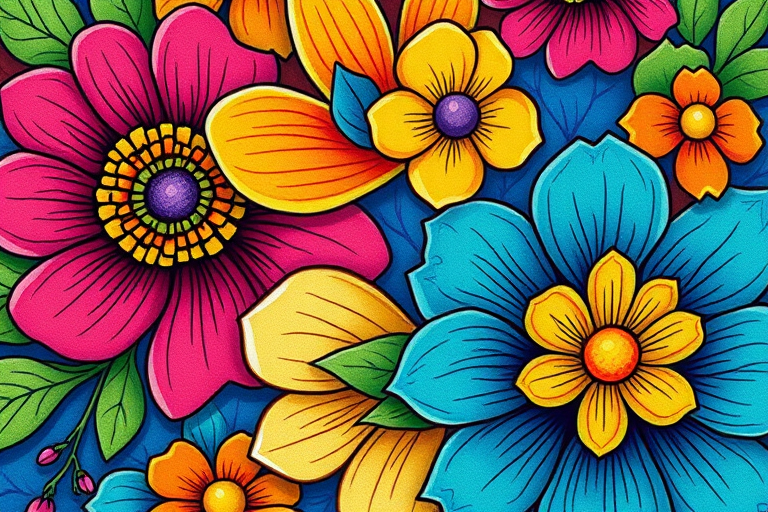 Create a vibrant floral pattern illustration with intricate details and bright colors, using a DSLR camera with a 50mm lens, f/1.8 aperture, shooting in macro mode to capture fine textures, with soft natural lighting from the left side.