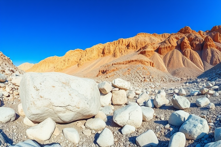 capture a detailed landscape of a rocky quarry with large white boulders in the foreground and steep golden cliffs in the background, bright blue sky, F11 aperture, ISO 100, 1/200 sec shutter speed, wide-angle lens, taken with a DSLR camera