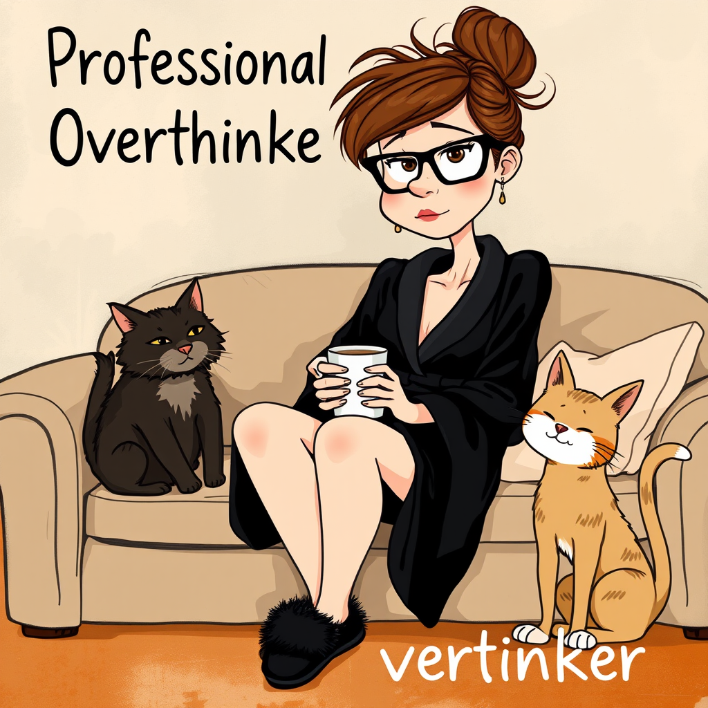 The words ‘Professional Overthinker’ (exact spelling) An exaggerated whimsical illustration of a cute silly lady with unruly messy brown bun and black glasses pouty lips and a thinking expression. Shes sitting on the couch, legs folded wearing a black silk robe, black fuzzy slippers. She’s holding her coffee cup and making a deep-in-thought face.  A quirky scruffy cat (dog) looking at her against a mottled, oil painting style soft background living room setting.