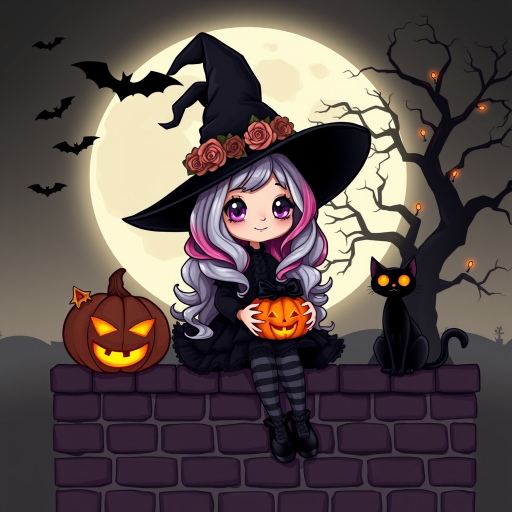 A cute, gothic-style cartoon of a young witch resembling Wednesday Addams sitting on a brick wall under a full moon. She has long wavy hair with silver, pink, and purple ombre highlights, and wears a classic black witch hat decorated with a pumpkin and roses. She is dressed in a black frilly dress with striped stockings and black shoes. A glowing Jack-o'-lantern sits beside her, and a black cat with glowing orange eyes is next to her. The background features a large moon, silhouetted bats, and a spooky tree, with a soft monochrome and slightly glowing effect, creating a magical Halloween atmosphere.