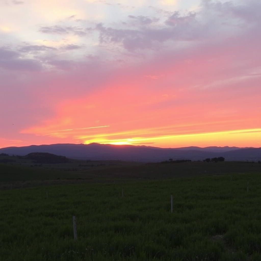 Generate a high-resolution image of a serene landscape at sunset with vivid colors, using a DSLR camera with a 24mm lens, aperture set to f/8 for sharpness, ISO 100 for clarity, and a shutter speed of 1/125 seconds, capturing a wide-angle view to emphasize depth and beauty.