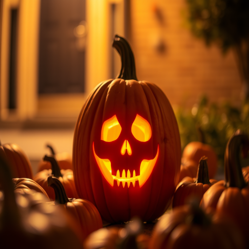 A glowing carved pumpkin with a skull face surrounded by other pumpkins at night, warm porch light illuminating the scene, shallow depth of field, f/2.8 aperture, ISO 100, 50mm lens, DSLR camera, soft focus effect, golden hour lighting.