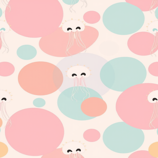 Generate a seamless pattern featuring abstract shapes like jellyfish and circles in pastel colors on a light background, using a Canon EOS 5D Mark IV with a 50mm lens at f/8, ISO 100, and a flat lay view to enhance image clarity and detail.