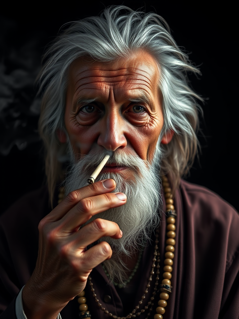 portrait of an elderly man with long hair smoking a cigarette, wearing traditional attire and beads, smoke swirling around him, soft dramatic lighting, shallow depth of field, 85mm lens, f/1.8 aperture, ISO 200, studio setup with black background, high dynamic range imaging