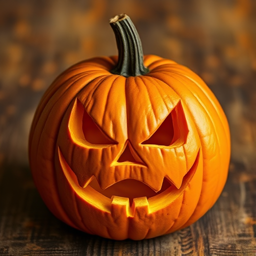 A carved Halloween pumpkin with a mischievous grin on a textured background, captured with a DSLR camera, 50mm lens, f/1.8 aperture, ISO 100, soft natural lighting, shallow depth of field.