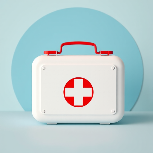 Create a high-resolution image of a first aid kit with a red cross on a white background, set against a light blue circular backdrop, captured with a DSLR camera at f/5.6 aperture, ISO 100, 1/250 sec shutter speed, using a macro lens for sharp detail and vibrant color reproduction.