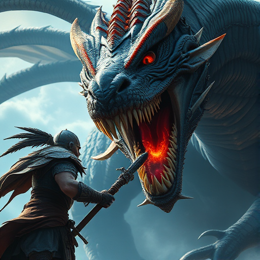 Create a high-resolution fantasy artwork featuring a warrior facing a massive, fierce dragon with sharp teeth and vibrant scales, using dramatic lighting and dynamic angles, captured with a DSLR camera at ISO 100, f/2.8, 1/200s, wide angle lens, in a painterly style.