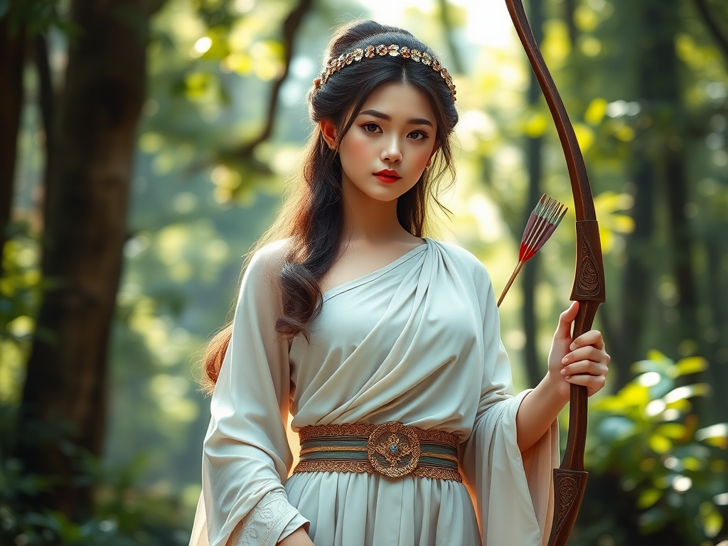 Create a portrait of a goddess-like Chinese girl figure in a tranquil, forested environment. She has an elegant appearance with long, wavy hair styled in an updo and adorned with a delicate, floral headband. She wears a flowing, ancient Greek-inspired gown in a soft, pale color, featuring a one-shoulder design and draped fabric that accentuates her graceful form. The outfit includes a decorative belt with ornate gold detailing, and she holds a bow in her hand, with a quiver of arrows slung over her shoulder. The background depicts lush greenery, with sunlight filtering through the trees, casting a gentle, ethereal light on the scene. Her expression is calm and contemplative, embodying a sense of wisdom and serenity.