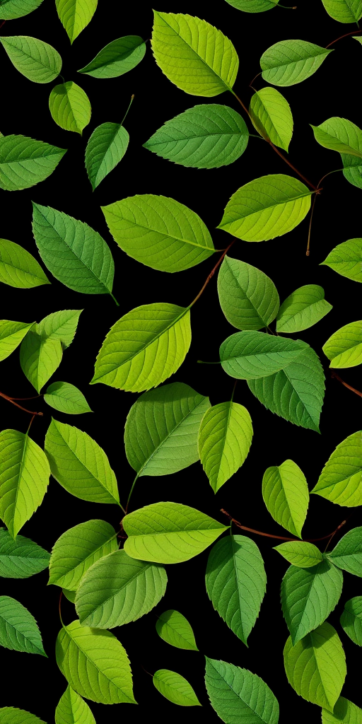 create a high-resolution seamless pattern of various green leaves on a solid black background using a 50mm lens, f/8 aperture, ISO 100, and a top-down view with natural light to enhance color vibrancy and detail
