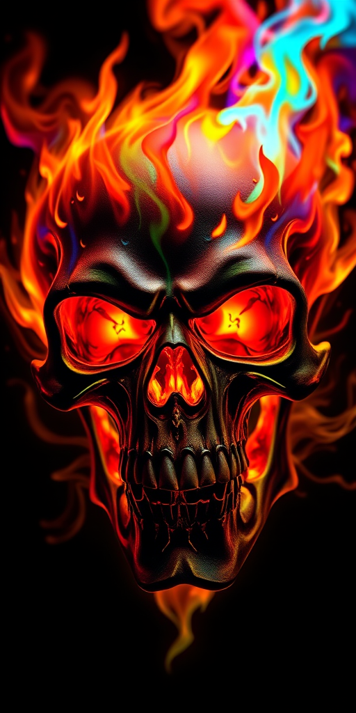 Create a vibrant and menacing skull with colorful flames and intricate details, captured with a Canon EOS R5, 50mm lens, f/1.8, ISO 100, 1/200 sec, high dynamic range, detailed texture lighting, dark background for contrast.