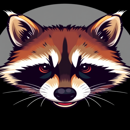 A stylized raccoon head illustration, vibrant colors, high contrast, digitally drawn, camera settings: ISO 100, aperture f/8, shutter speed 1/200 sec, camera view: front view, camera style: vector art, camera type: digital illustration.