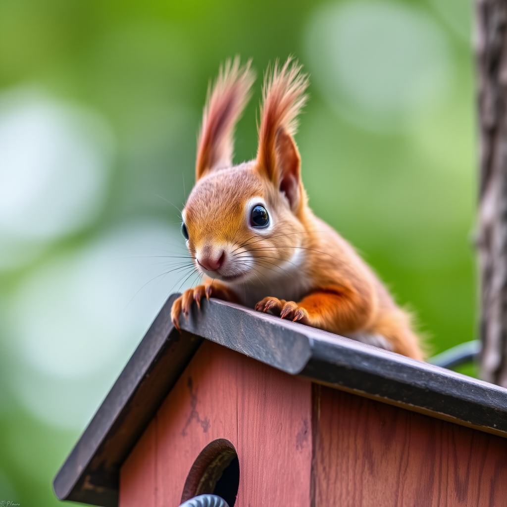 Capture a close-up of a red squirrel perched on a wooden birdhouse, with a blurred green background, using a DSLR camera with a 50mm lens, aperture set to f/2.8, shutter speed 1/200s, and ISO 200 for enhanced detail and soft bokeh effect.