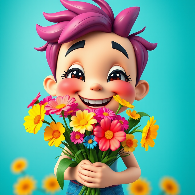 Create a vibrant cartoon character holding a bouquet of colorful flowers, with exaggerated facial features and a playful expression, in a bright and cheerful color palette, captured with a Canon EOS R5, 50mm f/1.2 lens, f/2.0 aperture, ISO 100, in vivid and high contrast style.
