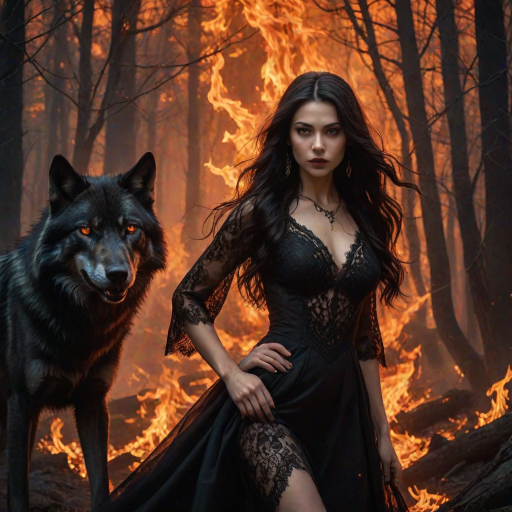 A woman with long dark hair, wearing a black lace dress that seamlessly blends into her skin with intricate floral patterns. She is in the foreground, with a black wolf beside her; its fur is midnight black, and it has glowing, intense, orange eyes that match hers. Her eyes are partially closed with burning embers above them, giving a fiery and mystical aura. The background is engulfed in tall, roaring flames, contributing to an overall dark and supernatural atmosphere. The colors are intense, predominantly black, fiery orange, and deep reds, with sharp contrast highlighting the mysterious and fierce theme. The flames are bright and dynamic, casting dramatic light and shadow, illuminating the woman and wolf while leaving parts in near darkness. The image evokes a sense of otherworldly power and connection between the woman and the wolf.