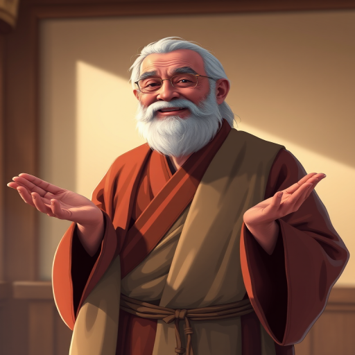 Create a high-resolution illustration of a bearded old man in traditional robes, standing with open hands in a welcoming gesture, captured with a 50mm lens at f/2.8, using a soft natural light setup, in a digital art style.