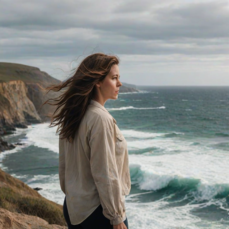 Woman standing on a cliff's edge, her hair blowing in the wind, as she gazes out over a vast ocean, waves crashing below.