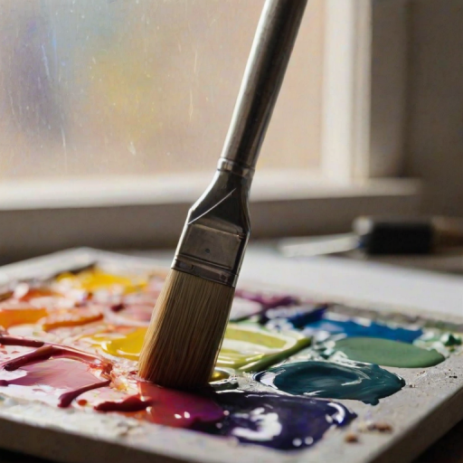 Sharp, detailed close-up of an artist's paintbrush dipping into a palette of vibrant colors, soft light from a nearby window illuminating the tiny bristles, the smell of fresh paint and creativity in the air.