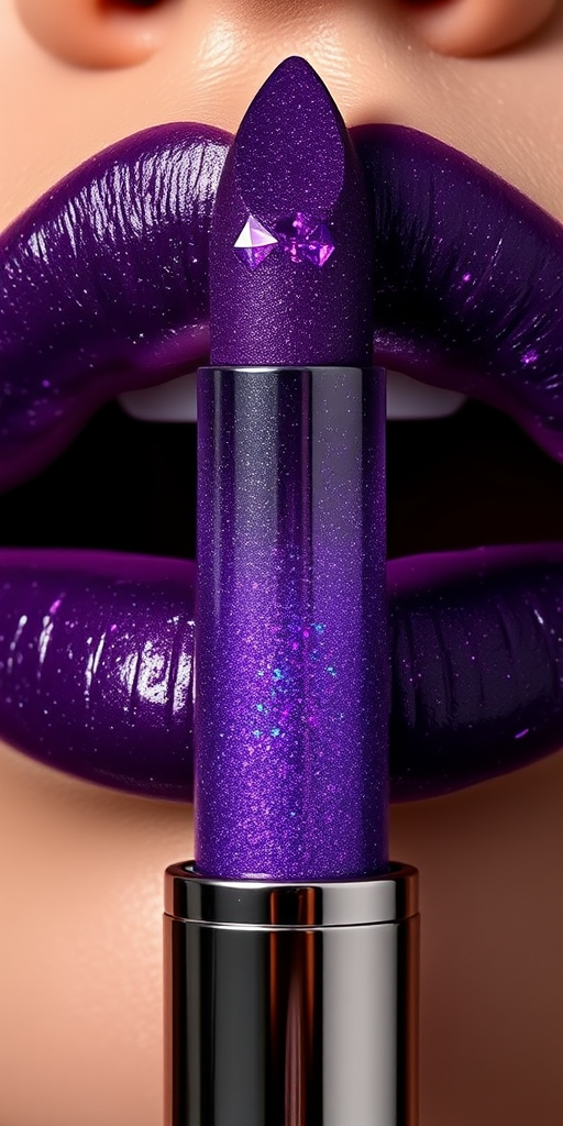Alluring "Amethyst Aura" lipstick transforms lips with a deep purple hue and multidimensional shimmer, creating a mesmerizing, gem-like effect