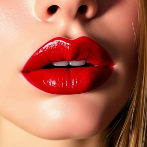 Sultry ombre lips transition from deep crimson to bright scarlet, creating a gradient effect that adds depth and dimension to the mouth