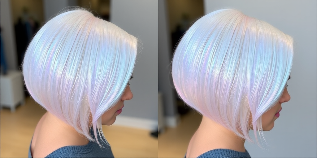 Iridescent Opal Sheen showcases a pearlescent white base with subtle rainbow reflections, styled in a sleek, glass-like bob that appears to change color in different lights