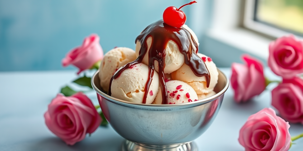 Capture a vibrant ice cream sundae in a silver bowl with melting chocolate drizzle and fresh roses on a light blue background, using a Canon EOS R5 camera, 50mm lens, f/2.8 aperture, ISO 100, and soft natural lighting from a window to enhance details and colors.