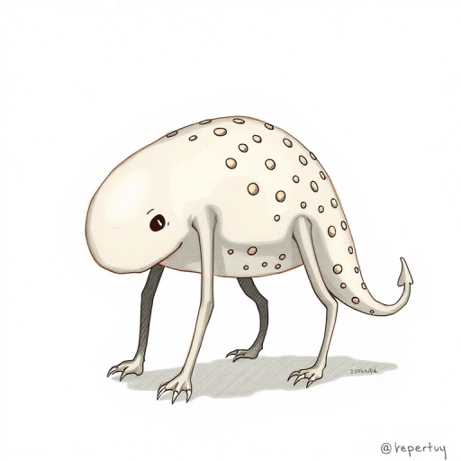 Create a detailed illustration of a stylized creature with a rounded body, long limbs, and small circular patterns on its body, using a DSLR camera with a 50mm lens, f/1.8 aperture, ISO 200, in a well-lit setting to enhance contrast and clarity.