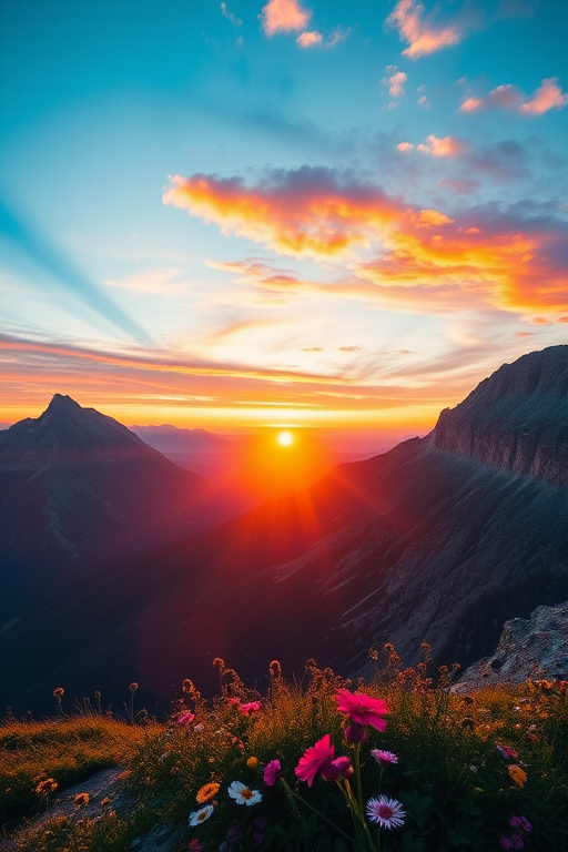 Create a high-resolution image of a majestic mountain landscape during sunrise, with vibrant colors in the sky, detailed foreground with wildflowers, distant peaks in soft focus, shot with a Canon EOS R5, 24mm f/1.4 lens, ISO 100, aperture f/8, shutter speed 1/125s, using a landscape photography style for enhanced clarity and depth.