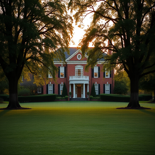 capture a stately brick house with a large lawn framed by two trees, golden hour lighting, shallow depth of field, ISO 100, f/2.8, 50mm lens, DSLR camera, landscape orientation