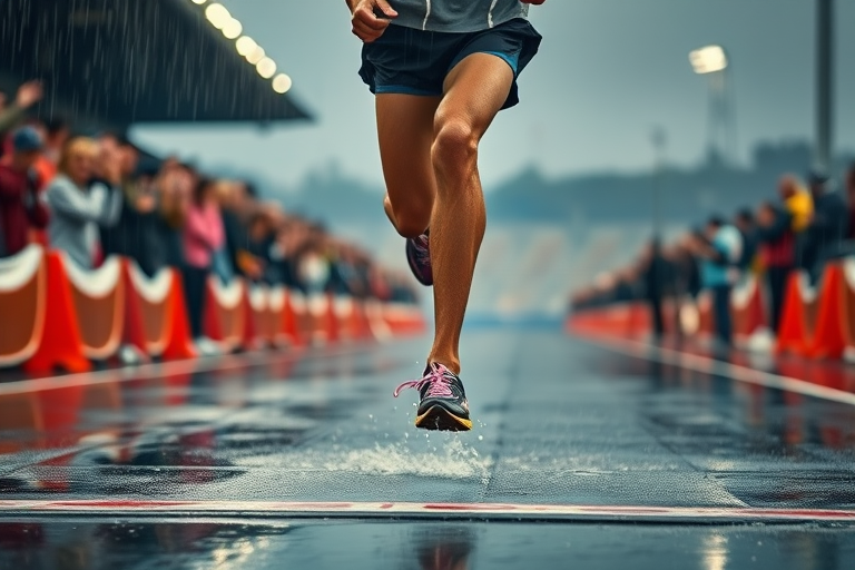 Blurry action shot of a runner crossing a finish line in the rain, water spraying up from their shoes, with soft light from the stadium casting long shadows and cheering spectators blurred in the background.
