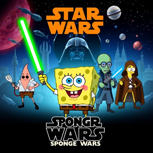 Create a parody of the Star Wars poster with SpongeBob as Luke Skywalker, holding a glowing spatula like a lightsaber. Patrick Star takes the role of Han Solo, holding a blaster, while Squidward is Obi-Wan Kenobi, draped in robes. In the background, Plankton appears as Darth Vader, with Bikini Bottom’s landmarks reimagined as spaceships and planets. The iconic Star Wars logo is swapped for "Sponge Wars," creating a playful, sci-fi adventure scene.